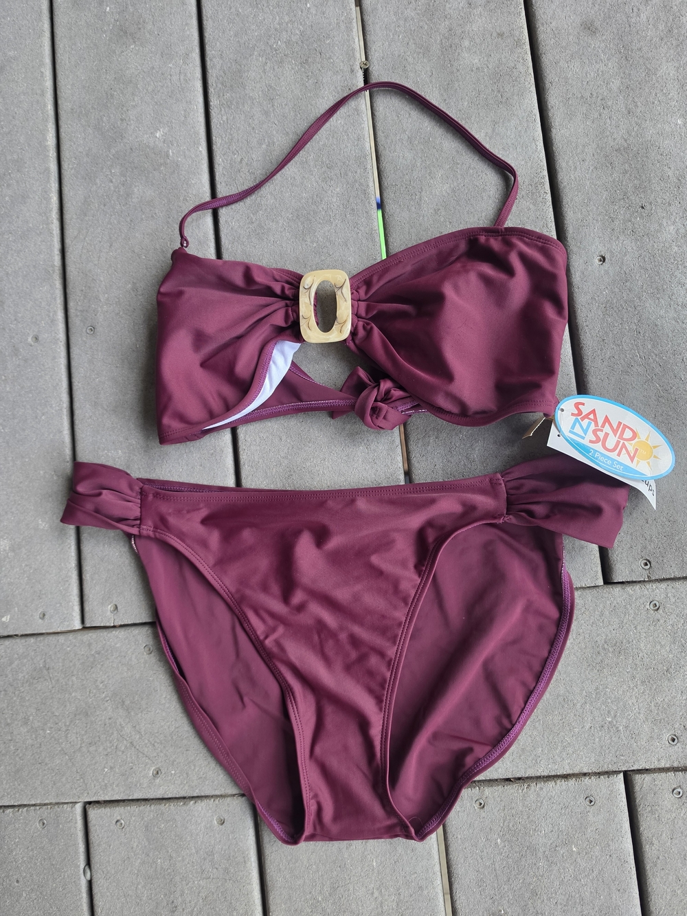 Sandy N Sun Women's Burgundy Bandeau Bikini Set with Wood Accent